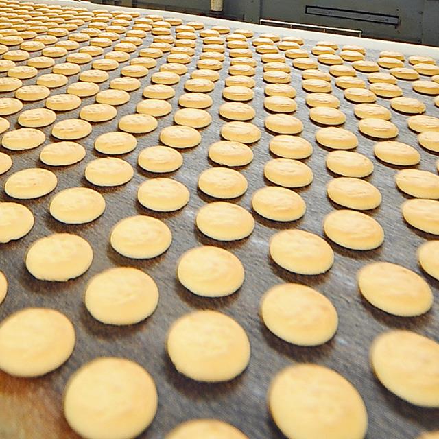 production line of cookies on industrial food conveyor belt