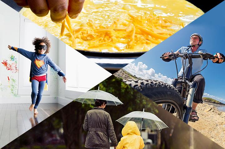 collage of images of egg frying kid in fabric mother daughter walking in rain and old man on bike